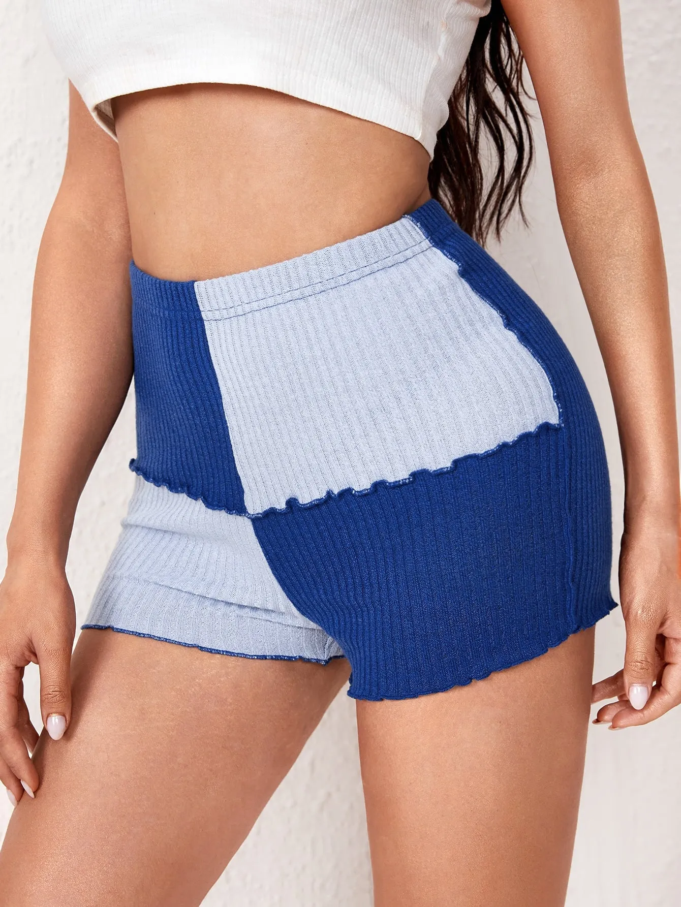 Casual Colorblock Rib-Knit High Waist Women Shorts