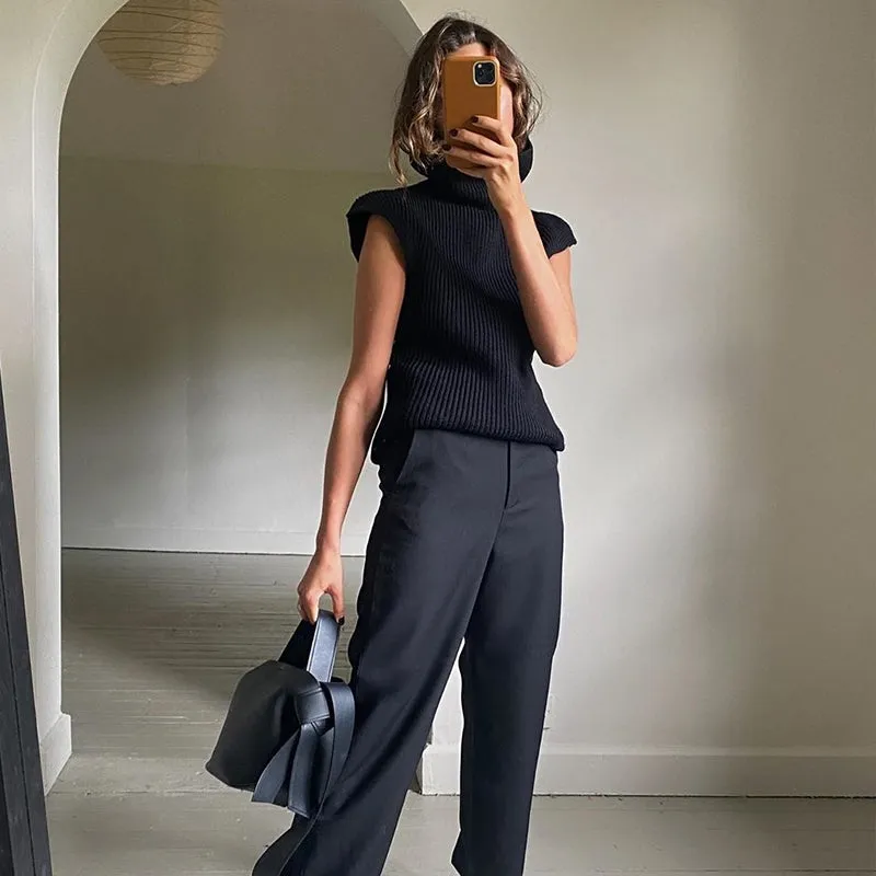Solid Color Sleeveless Turtleneck Sweater